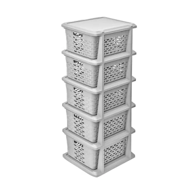 Afbeelding van BranQ Home essential Universeel multifunctioneel rek in katoenen design, BPA vrij kunststof, 5 manden, lichtgrijs kleur