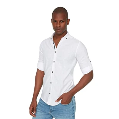 Afbeelding van Trendyol Blauwe Button Down Kraag Epauletten Slim Fit Overhemd Van 100% Katoen En Linnenlook Tmnss20Go0189