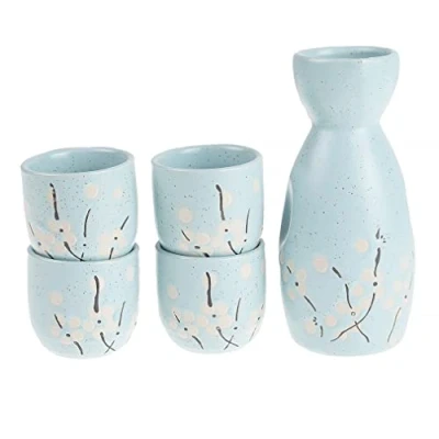 Afbeelding van lachineuse Sake Set Blauwe Kersenbloesem Met 4 Kommen &amp; Karaf Japanse Glazen Cadeau Aziatisch Servies Service Japan Porselein idee Hemelsblauw