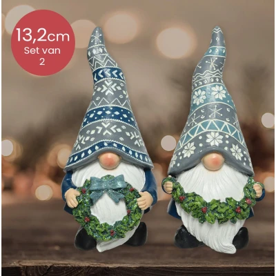 Afbeelding van Blauwe polyresin gnomen met guirlande, krans en glitter Duo pack 13,2cm
