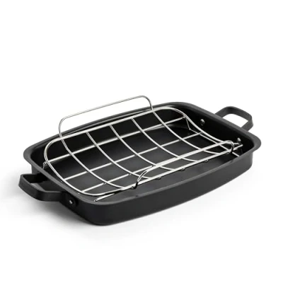 Afbeelding van Merten &amp; Storck Carbon Steel Voorgekruid Inductiebraadslede van Koolstofstaal 47x27x6 cm met Uitneembaar Roestvrijstalen Braadrooster, Ovenbestendig tot 300C, Zwart