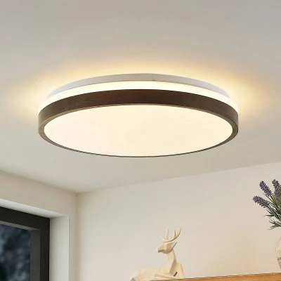 Afbeelding van Lindby LED plafondlamp met dimmer CCT 1licht ijzer, kunststof H: 9 cm wit, donker hout Inclusief lichtbron