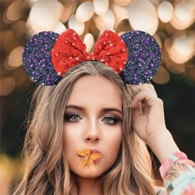 Afbeelding van Hatstar Haarband met glitter muizenoren, zwart rode strik en pailletten, haaraccessoires voor carnaval carnaval, kostuumaccessoire dames kinderen