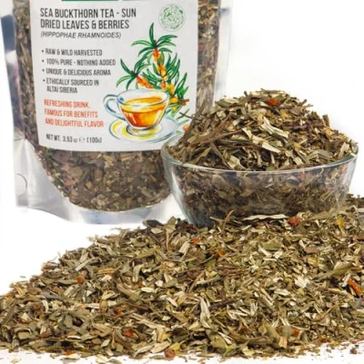 Afbeelding van Siberische Duindoorn Groene Thee 100 g van wilde Hippophae zongedroogde bladeren geoogst uit het Altai gebergte