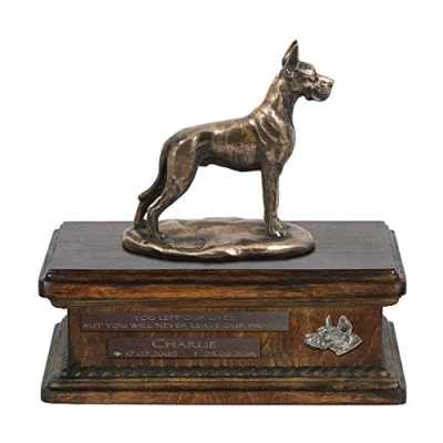 Afbeelding van Art dog Custom Sitting Statue Memorial Urn Handgemaakt koud gegoten brons op berkenhouten voet 8,3x11,4x8,7 5l Deense