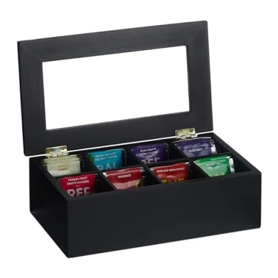 Afbeelding van Relaxdays theedoos, 8 vaks, bamboe, HxBxD: 9x28x16 cm, voor thee &amp; koffiepads, theebox, met deksel tegen stof, zwart