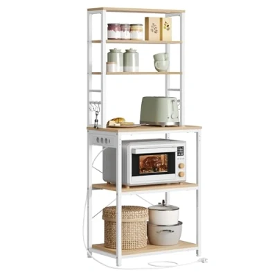 Afbeelding van VASAGLE Keukenplank met stopcontacten, staande plank voor keuken, magnetronplank, staand, 6 planken en haken, magnetron, stalen frame, 40 x 60 167 cm, Golden Oak Cloud White KKS124Y01
