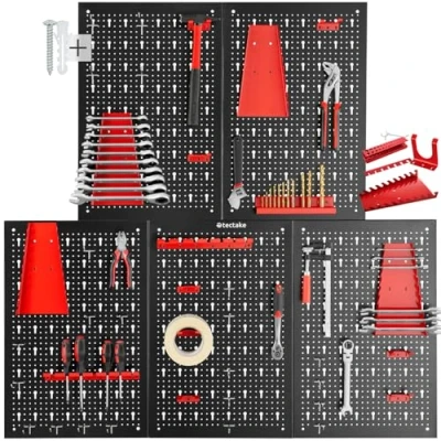 Afbeelding van tectake® 5 delige Gereedschapswand van Metaal 200 x 60 cm Gepeforeerde Plaat Gereedschapshouder set inclusief Haken Wandrek systeem voor Werkbank, Garage, Gereedschap Werkplaatsinrichting Gereedschapsbord