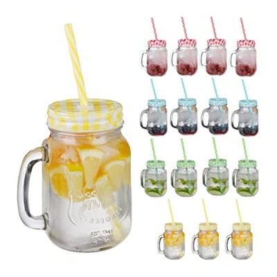 Afbeelding van Relaxdays drinkglazen met rietje set van 16 gekleurde limonadeglazen deksel 500 ml