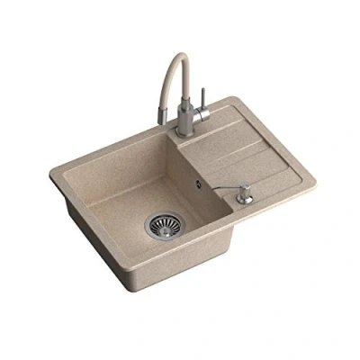 Afbeelding van VBChome Spoelbak met armatuur, 62 x 44 cm, beige graniet enkele wastafel, inbouwspoelbak, gespikkeld, omkeerbare composietspoelbak + spoelbakarmatuur sifon afwasmiddeldispenser