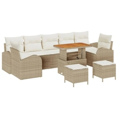 Afbeelding van vidaXL 10 delige Tuin Sofa Set met Kussens Beige Poly Rattan Acacia, 2 Persoons