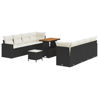 Afbeelding van vidaXL 11 delige Tuin Sofa Set met Kussens Zwart Poly Rattan Acacia, 3 Eettafel Acacia