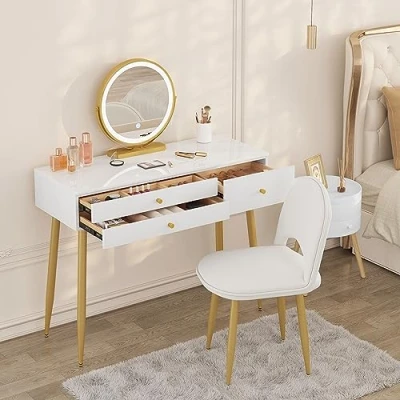Afbeelding van WOLTU kaptafel met verlichting, verstelbaar LED spiegellicht, 3 laden, groot tafelblad 100x40 cm, make uptafel fluwelen kruk, wit+crème+goud, MB6105ws