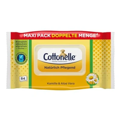 Afbeelding van Cottonelle Vochtig toiletpapier, natuurlijk verzorgend kamille &amp; aloë vera, biologisch afbreekbaar, plasticvrij, hersluitbaar, 1 x 84 vochtige doekjes (1 verpakking per verpakking)