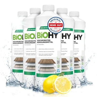 Afbeelding van BiOHY Schoonmaakmiddel voor dweilrobots (6 x 1l Fles) Vloerreiniger houten vloeren zoals parket &amp; laminaat streeploze glans concentraat met frisse geur (Wischroboter Holz)