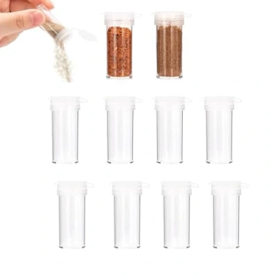 Afbeelding van Litinliv Kruidenpotjes, 10 stuks, kleine mini kruidendispenser met deksel, reiszout en peperstrooierset, transparante kunststof zoutvaatjes voor camping, keuken, grill