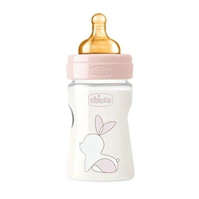 Afbeelding van Chicco Originele Touch anti koliek drinkfles met zuignap van latex, 100% natuurlijk, luchtstroom 0 maanden, plastic fles 150 ml voor pasgeborenen, roze
