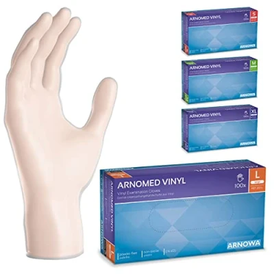 Afbeelding van Wegwerphandschoenen ARNOMED vinyl L, 100 stuks per doos, poedervrije wegwerphandschoenen, handschoenen verkrijgbaar in de maten S, M, L &amp; XL