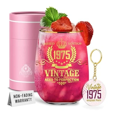 Afbeelding van CROWNLY CRYSTAL® 1975 50ste Verjaardagscadeaus Voor Dames Wijnglas Gepersonaliseerde Geschenken Vrouwen Verjaardagsdecoraties Echtgenoot Verjaardagsglas