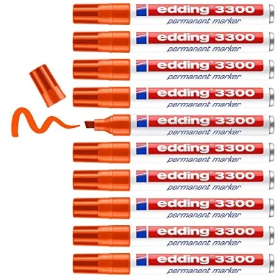 Afbeelding van edding 3300 permanent marker oranje 10 stiften beitelpunt 1 5 mm sneldrogende water en wrijfvast voor karton, kunststof, hout, metaal universele
