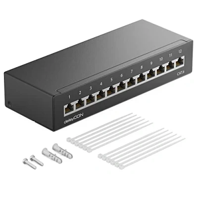 Afbeelding van deleyCON CAT 6 Patchpaneel 12 Poorten 1U Desktop &amp; Wandmontage Afgeschermd 12x RJ45 Bus LAN Netwerk Installatiekabel TIA568A TIA568B RAL 9005 Zwart