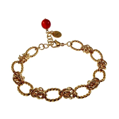 Afbeelding van Armband Dames Verguld RVS Gedraaid Ovale Schakelsarmband met Byzantijnse Schakel en Rode Agaat Verstelbaar 15cm tot 19cm