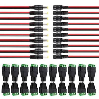 Afbeelding van Aiqeer 20 paar DC stekkerkit, 10 12 V/24 V mannelijke vrouwelijke stekkers en 2,1 x 5,5 mm Power Pigtail kabels voor CCTV beveiligingscamera&#039;s ledstrips