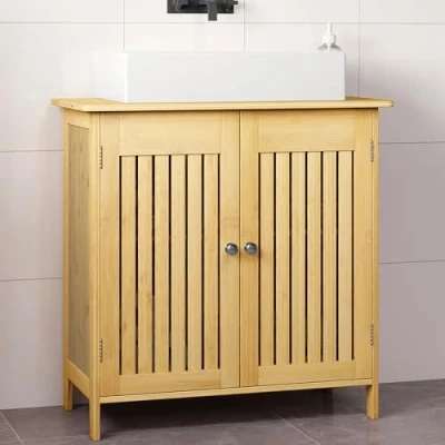 Afbeelding van EUGAD Badkamermeubel, wastafelonderkast van bamboe, badkamerkast, onderkast onder de wastafel, met deuren, verstelbaar vak, 2 vakken, 60 x 30 cm