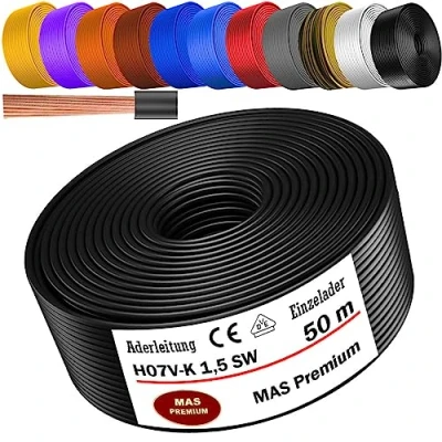 Afbeelding van Aderleiding H07 V K 1x1,5 mm² zwart, lichtblauw, groen/geel, groen, rood, donkerblauw, bruin, oranje, grijs, wit, violet, ultramarijnblauw of geel, enkele ader flexibel (zwart, 50 m)