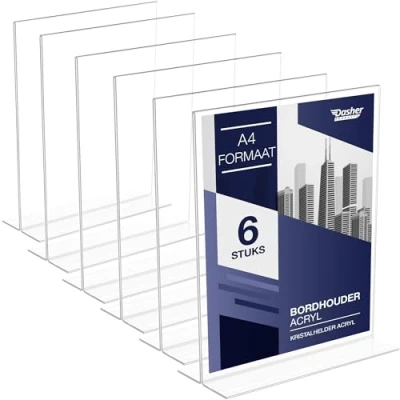 Afbeelding van acryl bordhouder A4 T vorm tafelblad displaystandaard, dubbelzijdig, onderbelasting, portretstijl menu advertentielijst. Perfect voor restaurants, promoties, fotolijsten, klaslokaal