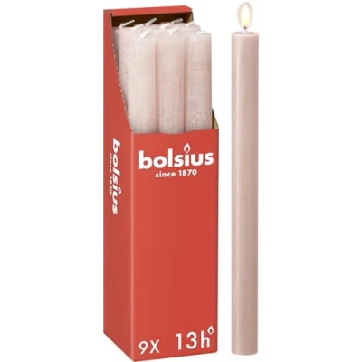 Afbeelding van Bolsius poeder roze rustiek tafelkaarsen dinerkaarsen 9 stuks (13 uur) Misty Pink
