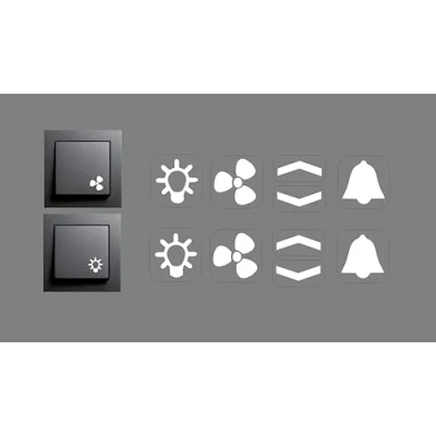Afbeelding van Schakelstickerset met witte symbolen, licht, pijlen, bel, ventilator, sticker in wit, Smart Home (RP29/1) (14 mm)