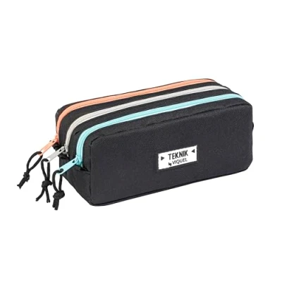 Afbeelding van Viquel Teknik Zwart schooletui voor kinderen gemaakt van duurzaam 600D polyester 3 vakken, gekleurde ritsen en koorden Decoratieve patch