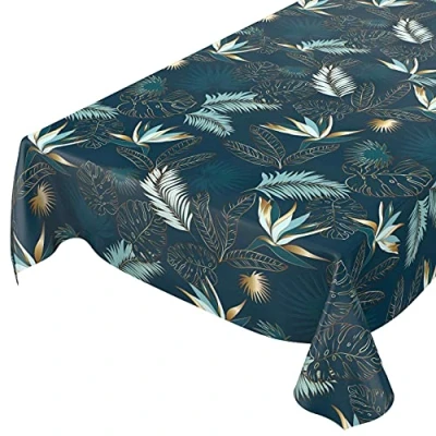 Afbeelding van ANRO Afwasbaar tuintafelkleed, tafelzeil, rond, ovaal, rechthoekig, voor binnen en buiten, bladeren, goud/blauw, 140 x cm