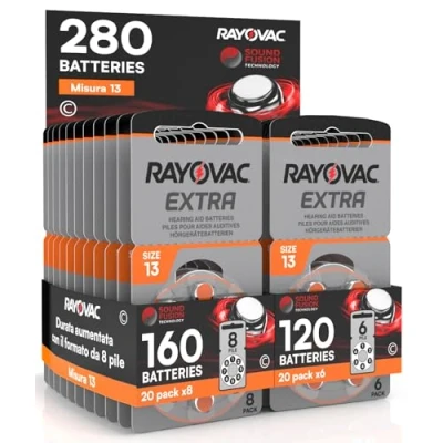 Afbeelding van 280 Rayovac Extra 13 hoortoestel batterijen. 20 blisters van 8 en 6 batterijen