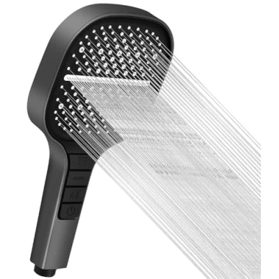 Afbeelding van douchekop, waterbesparend met stopknop, douchekop 7 straalsoorten, handdouche, spaardouchekop, drukverhogend, grote chromen oppervlak, wit