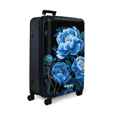 Afbeelding van NoBoringSuitcases.com® Koffer groot Reiskoffer lichtgewicht Zwart met blauwe pioenrozen Rolkoffer 4 wielen Grote trolley XL 98 liter bagage