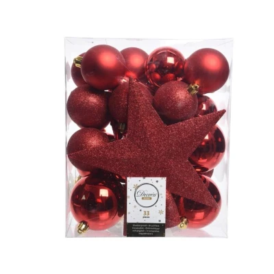 Afbeelding van Decoris Kerstballen 33 stuks rood mix met piek 5 6 8 cm