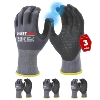 Afbeelding van Mustbau 3 paar touchscreen werkhandschoenen met zwarte parelpunten, nitril handschoenen, slijtvast, geventileerd, ideaal voor werk, tuinieren, mechanica, bouwplaats (grijs, L)