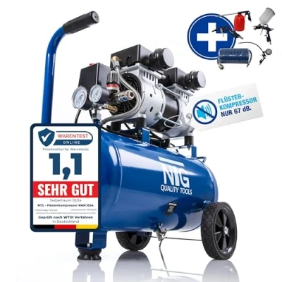 Afbeelding van NTG Silent Compressor 9 bar, 1470 W sterk vermogen, olievrij, bijzonder stil en flexibel inzetbaar met manometer drukregelaar, 24 liter tank (compressor starterset, van liter)