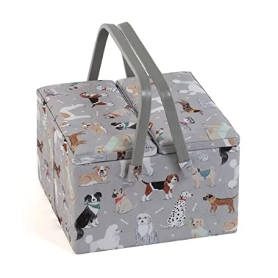 Afbeelding van Hobby Gift Exclusieve grote naaidoos met twee deksels, knutseldoos, accessoirelade, speldenkussen, PVC handgrepen, 25 x 17 cm, grijze honden