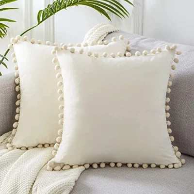 Afbeelding van Topfinel Fluweel Kussenslopen met Bal Eenkleurige Zitkussen Decoratief Kussen Sofa Slaapkamer Kantoor Auto Decoratieve Kussenhoes Hoofdkussen 60x60cm,Beige