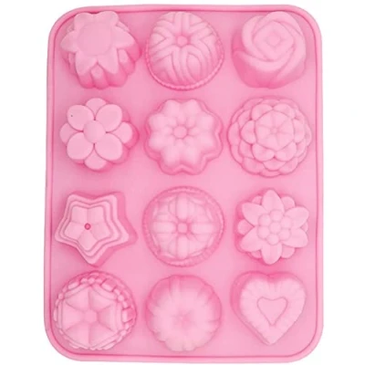 Afbeelding van Selecto Bake 12 holte siliconen mal, 3D bloem hart fruit stervormige bakvormen mal cake bakken vorm lade voor doe het zelf dessert cupcake pudding gelei chocolade snoep zeep