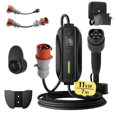 Afbeelding van dé Mobiele wandbox/laadstation 11kW [3 fasig7m6 16A] met basic adapterset, oplaadkabel CEE 16A naar type 2 en EV oplader voor model Y/3, ID.3/4/5, MG4, EX30, e up, tron, Zoe andere EV.