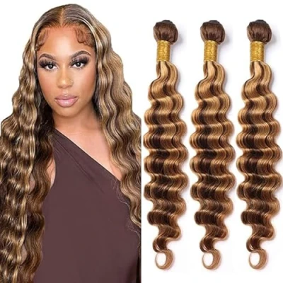 Afbeelding van Tuheers 28 Inches Blonde Human Hair Bundles Deep Wave P427 Highlight Weft 3 Real for Woman 100% Unprocessed Brazilian Virgin Sew in