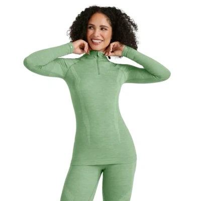Afbeelding van FALKE Dames Top van onderlaag Wool Tech High Zip Neck W L/S SH Wol Functioneel material Sneldrogend 1 Stuk, Groen (Quiet Green 7378), XL