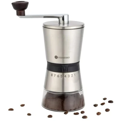 Afbeelding van VIENESSO handmatige koffiemolen met keramisch maalwerk, koffie en espressomolen 8 maalstanden, handkoffiemolen van roestvrij staal glazen reservoir + e book