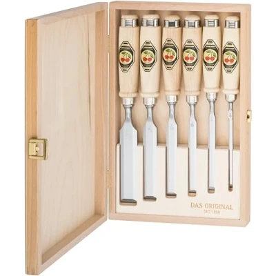 Afbeelding van Kirschen Steekbeitelset 6,10,12,16,20,26 mm heft van wit beukenhout Ulm vorm 6 delig houten kist 1 stuk 1101000