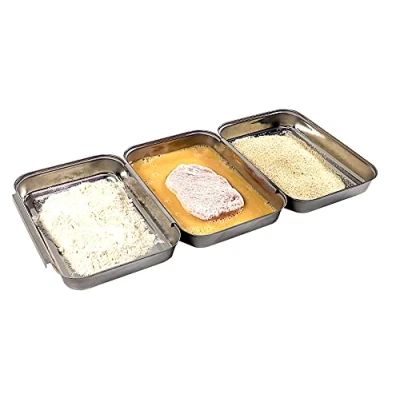 Afbeelding van APS paneerstation, 3 delig professionele paneer set bestaande uit koppelbare roestvrijstalen schalen (18 x 15,5 cm elk) / ruimtebesparend stapelbaar/vaatwasmachinebestendig