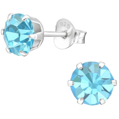 Afbeelding van JoyS Zilveren oorknoppen rond 6 mm aqua blauw kristal oorbellen